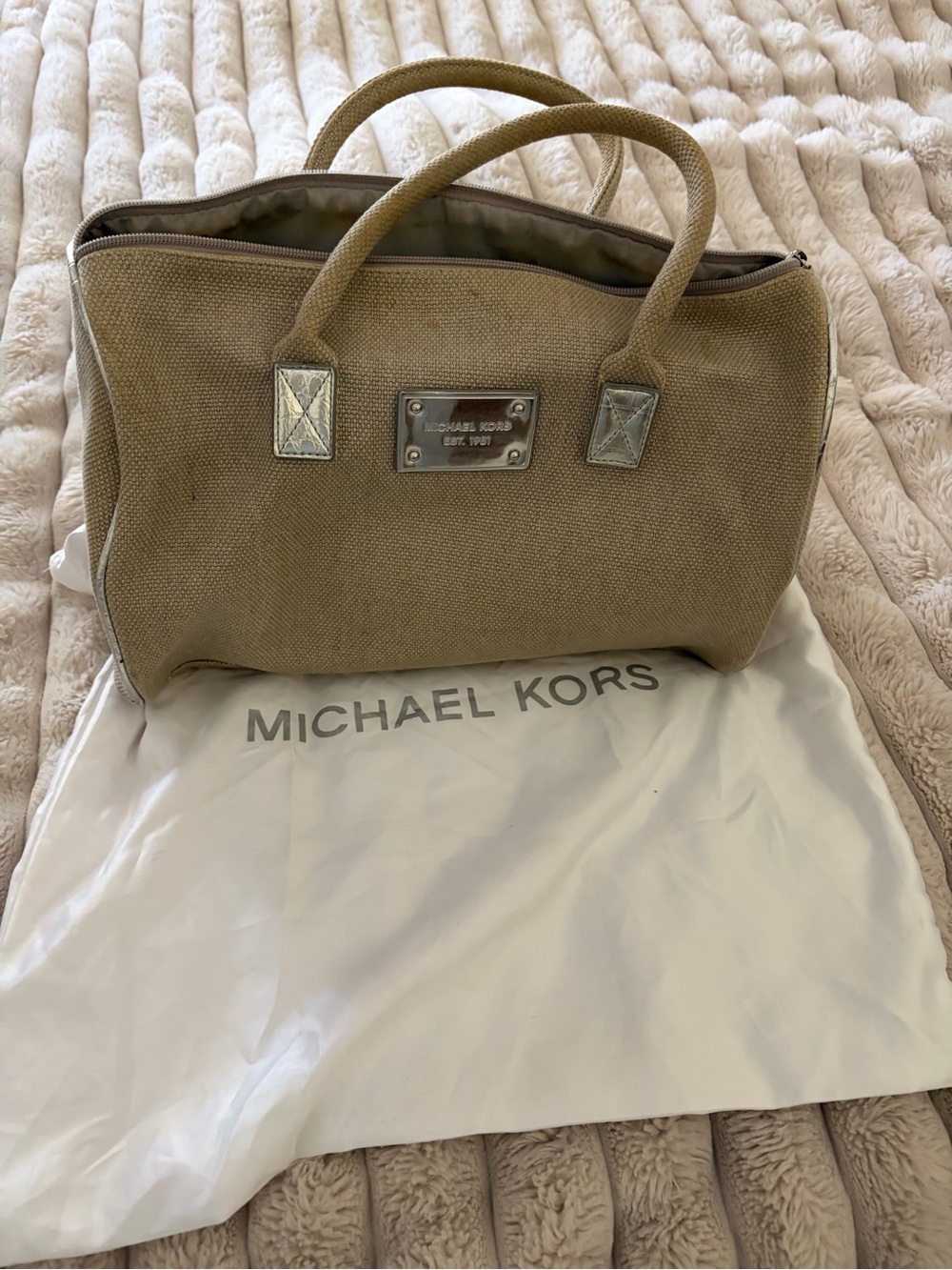 Michael Kors tan Canvas Satchel with Silver Hardware